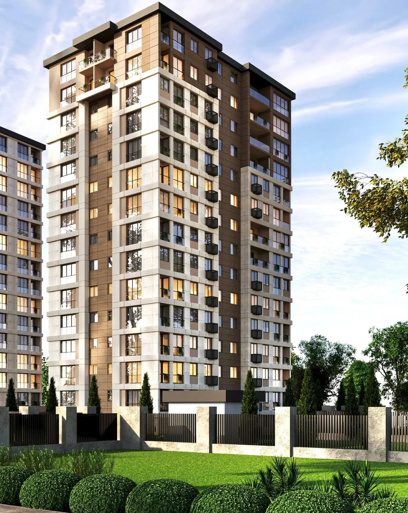Yeni konut projemizin görselleştirmesi: krem taş ve bronz panel cepheli kule